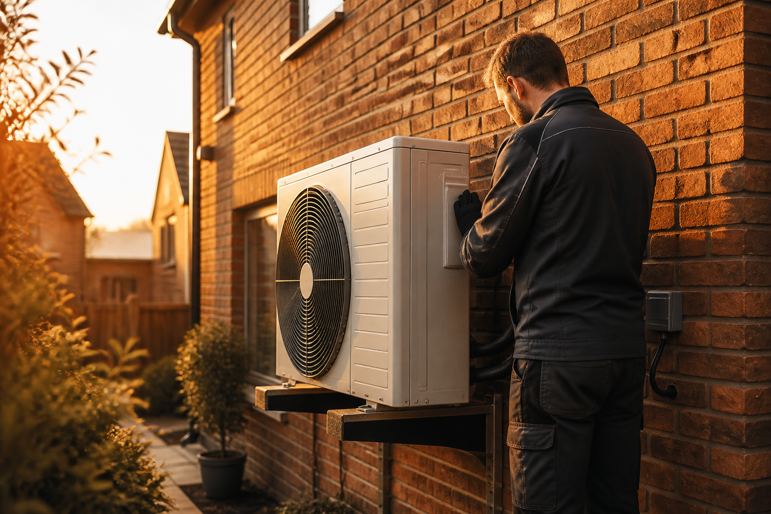 An air source heat pump installed against the exterior brick wall of a UK residential property.