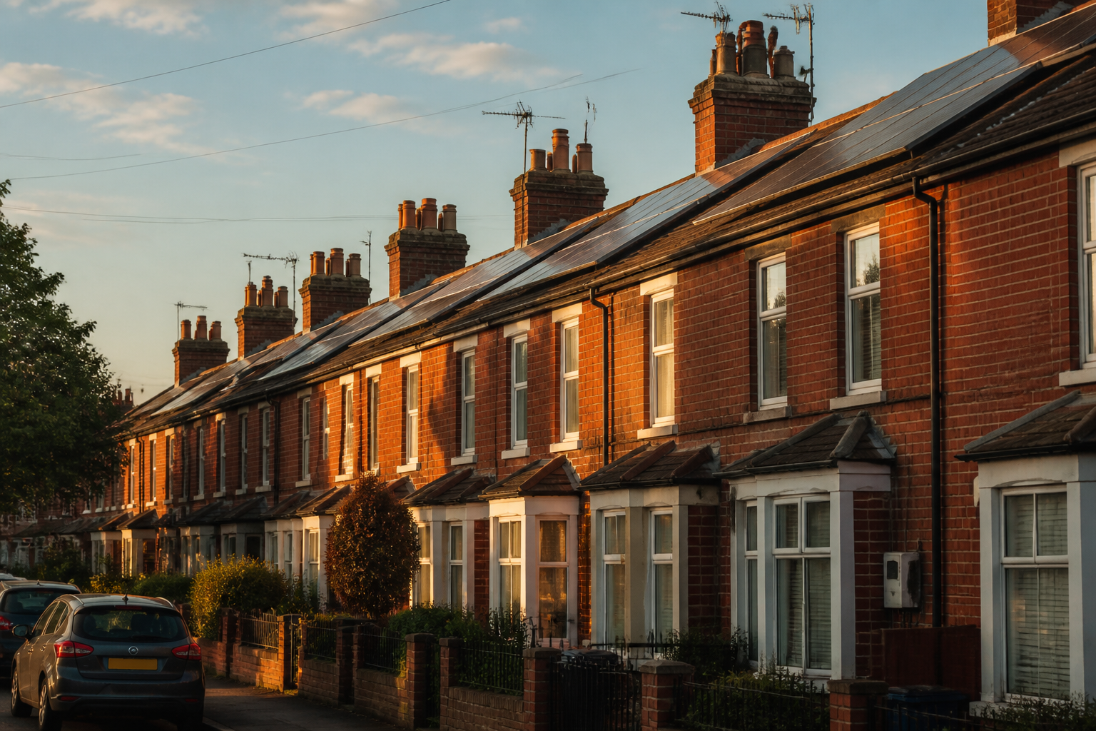 UK terraced houses with rooftop solar panels and domestic energy meters.