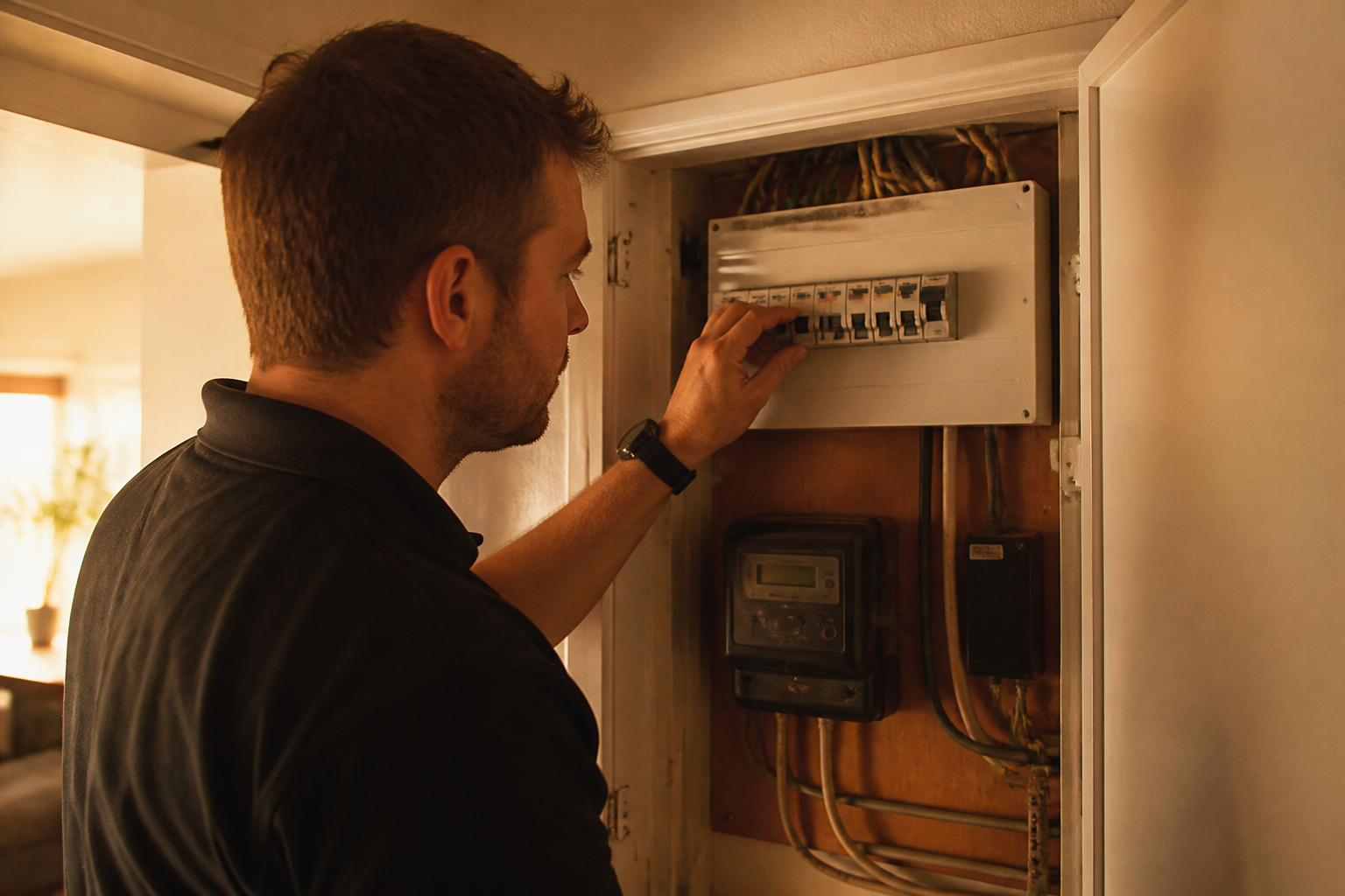 Electrician inspecting home consumer unit panel