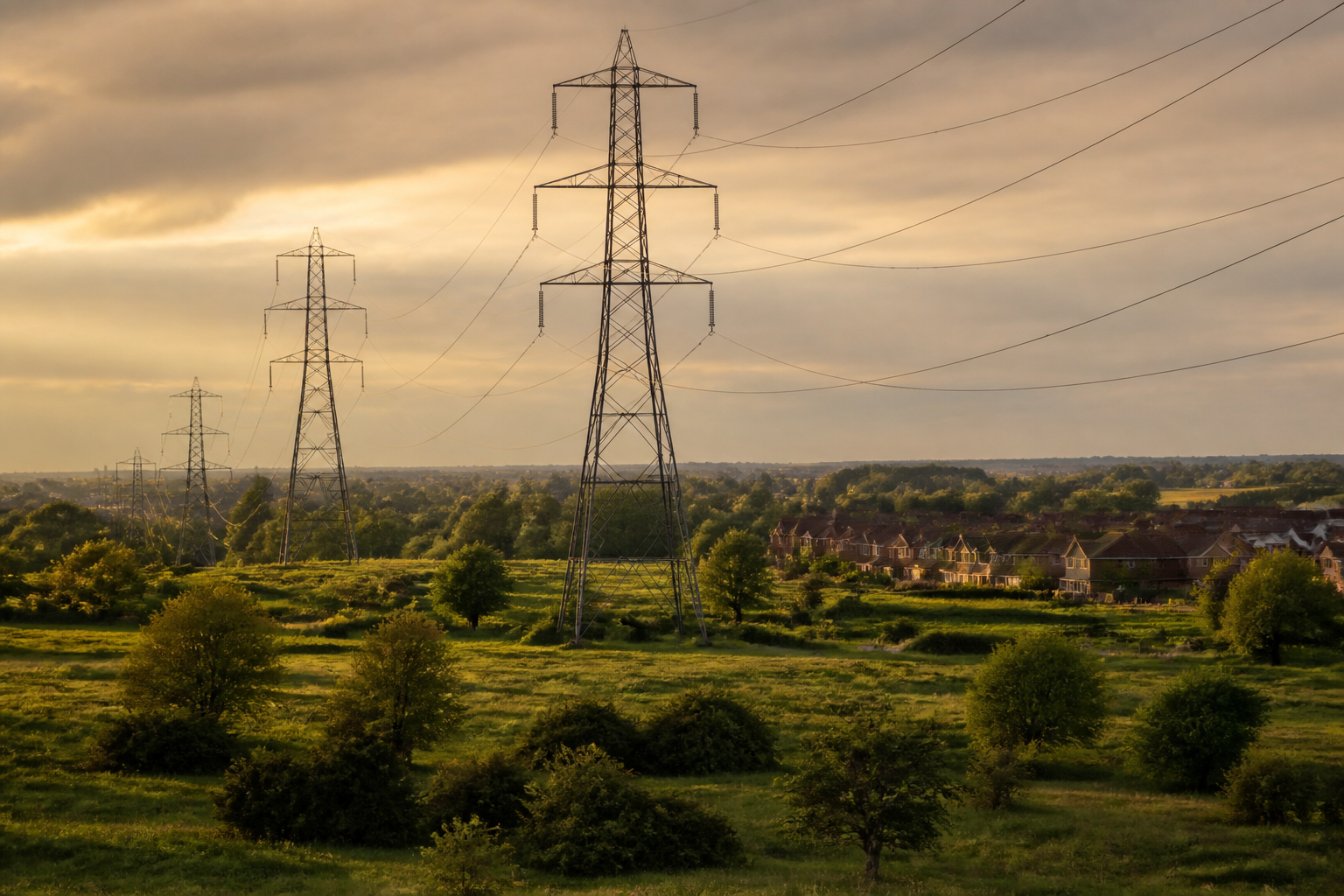 High voltage power pylons across countryside near suburban homes