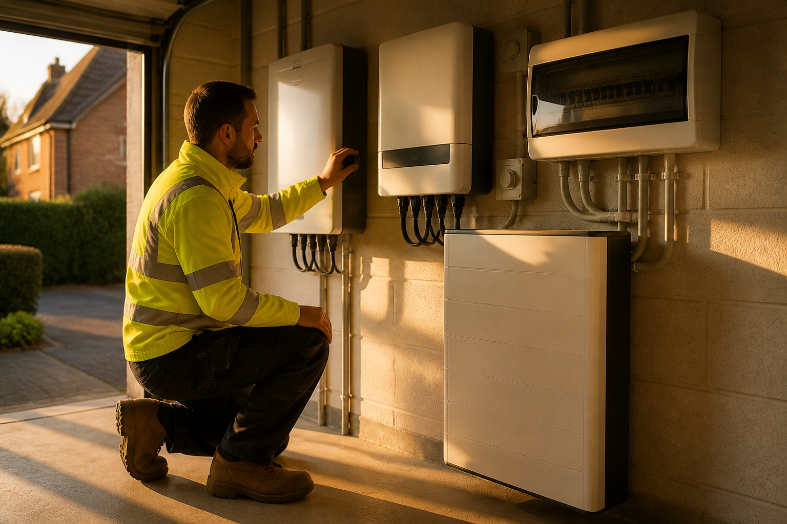 Electrician inspecting a home battery storage unit and inverter in a domestic garage