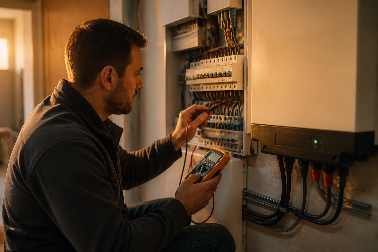 An electrician testing a domestic solar battery inverter installation.