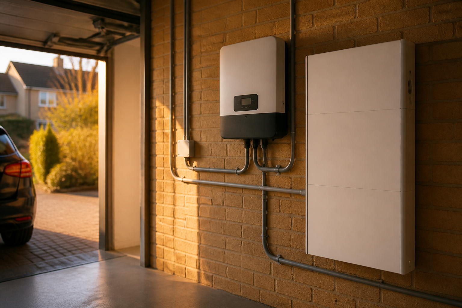 A wall-mounted battery storage unit and hybrid inverter installed neatly inside a domestic UK garage.