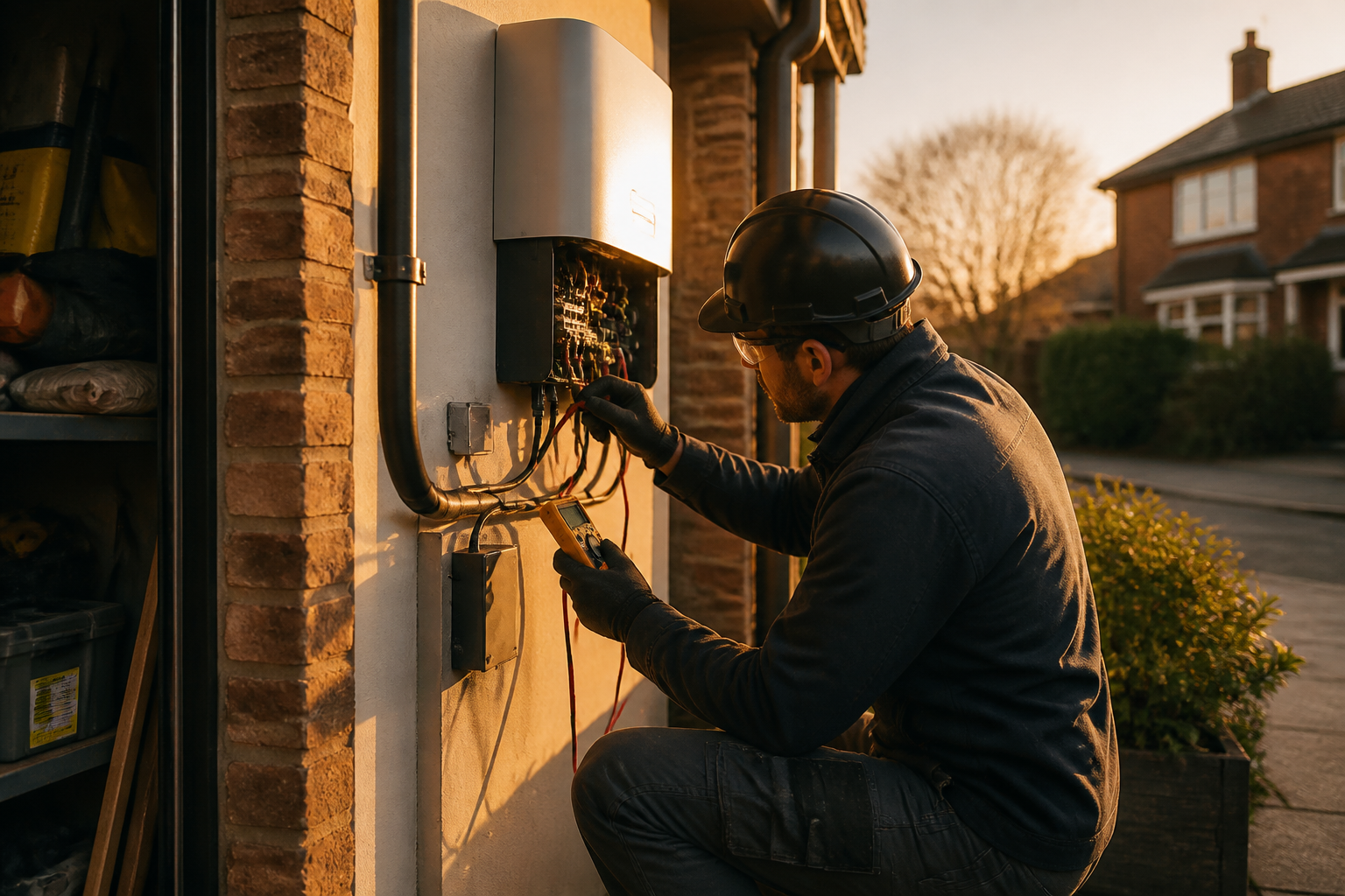 An accredited electrician testing a wall-mounted inverter installation.