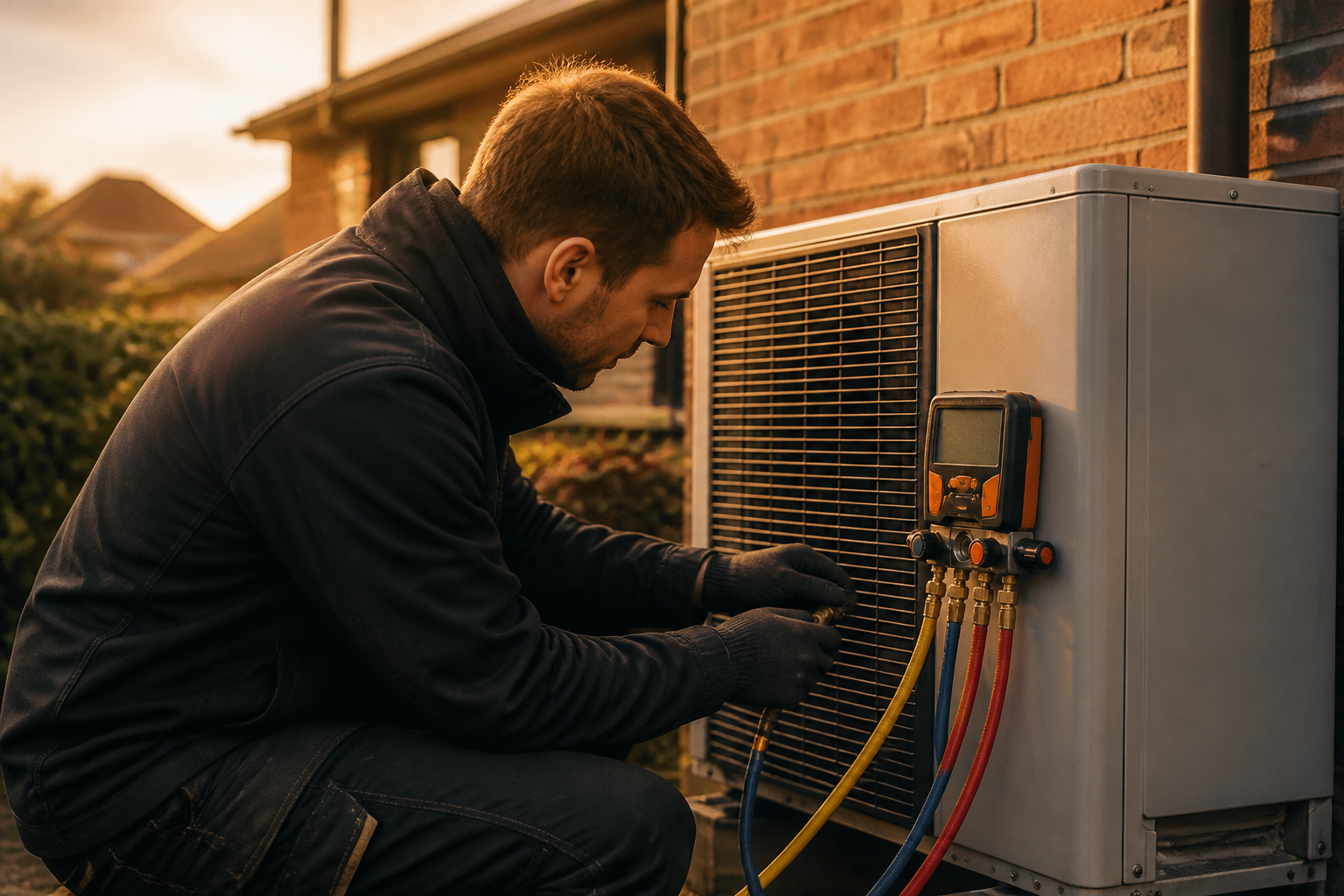 A certified technician inspecting refrigerant lines on an outdoor heat pump unit using digital diagnostic tools.