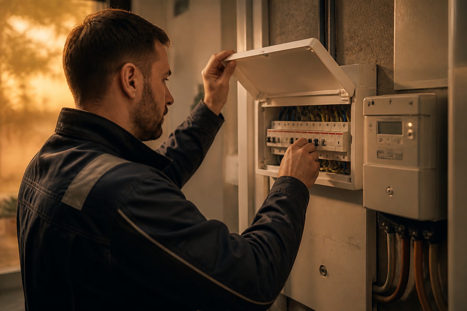 An electrician inspecting a home consumer unit and smart energy meter.