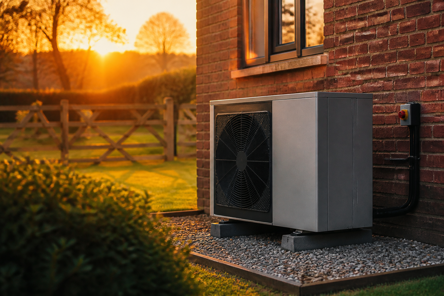 An air source heat pump unit installed against the exterior brick wall of a house.