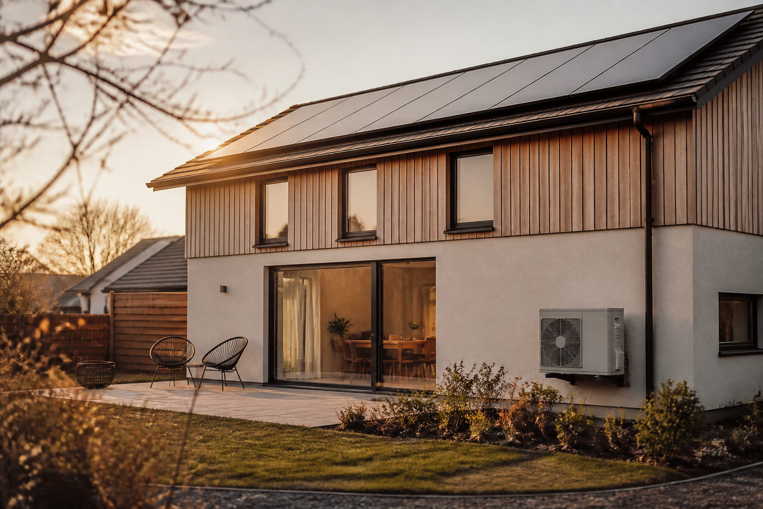 Solar panels on a slate roof and a heat pump compressor unit on a brick wall of a British home.