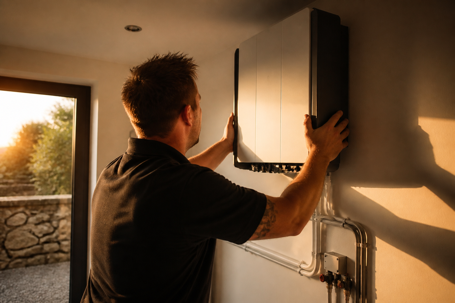 An electrician installing a wall-mounted home battery storage unit inside a UK utility room.