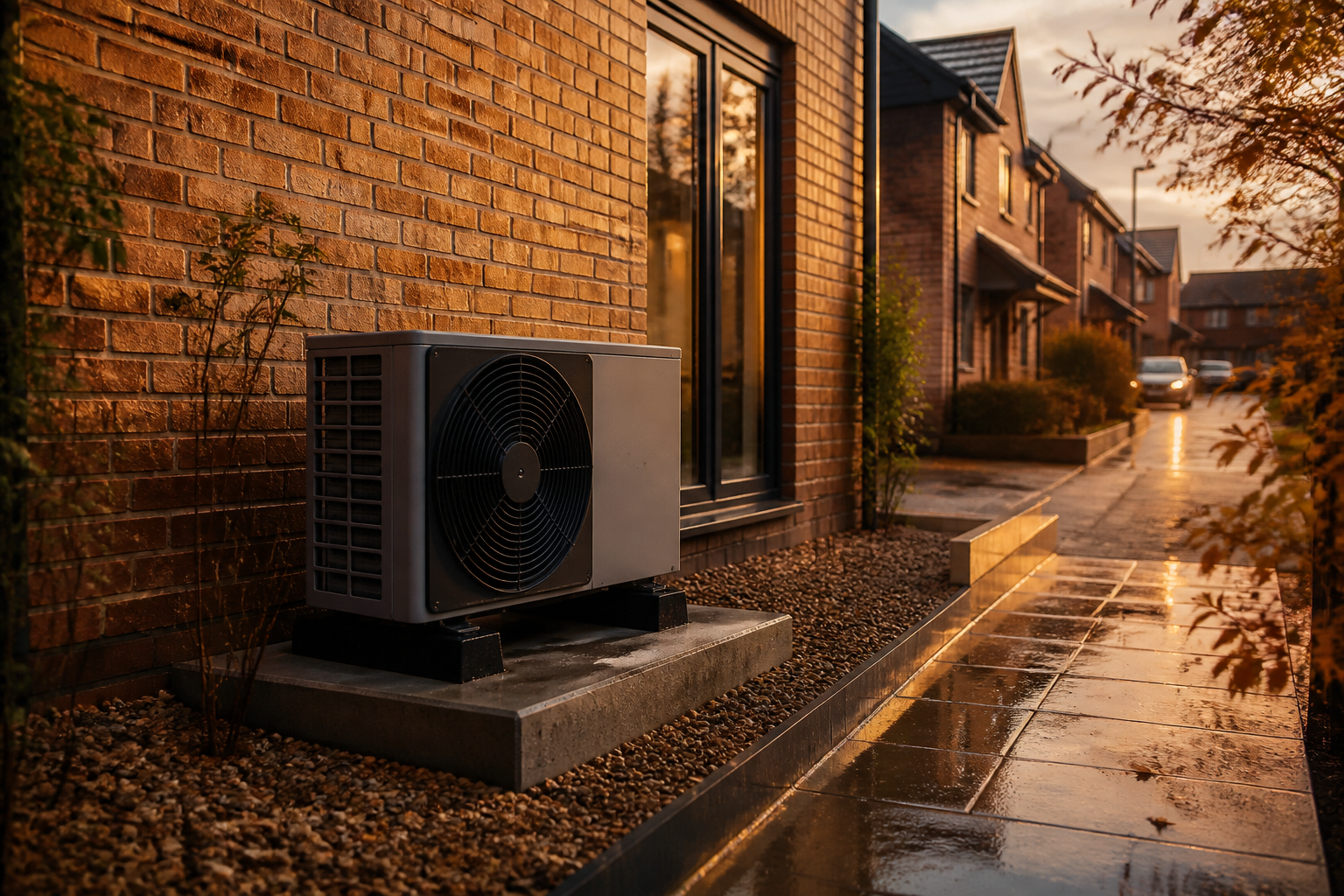 An air source heat pump outdoor unit mounted on a raised concrete plinth beside a modern UK home.