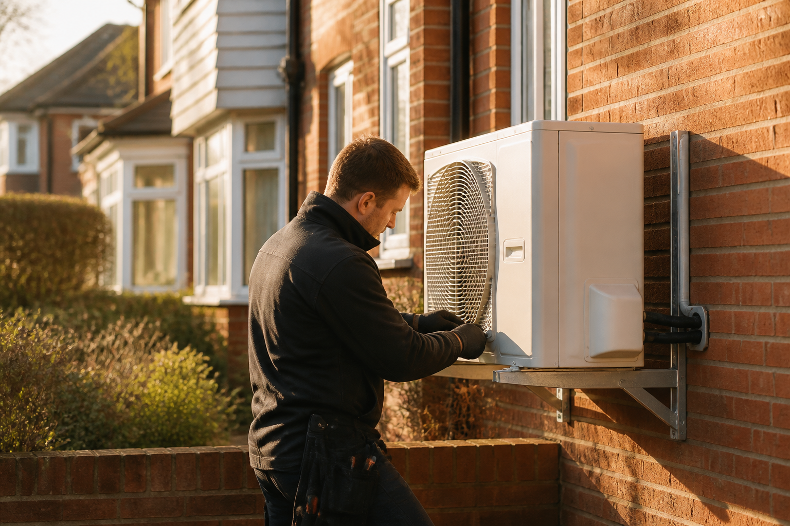 A heat pump installer working on an outdoor air source heat pump unit outside a UK home.