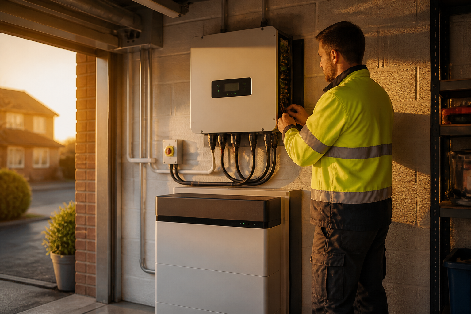 An electrician checking an installed home energy storage battery and inverter.