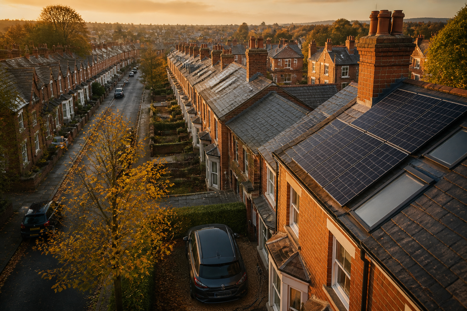 Solar panels installed on slate roof tiles of a brick terraced house in England.