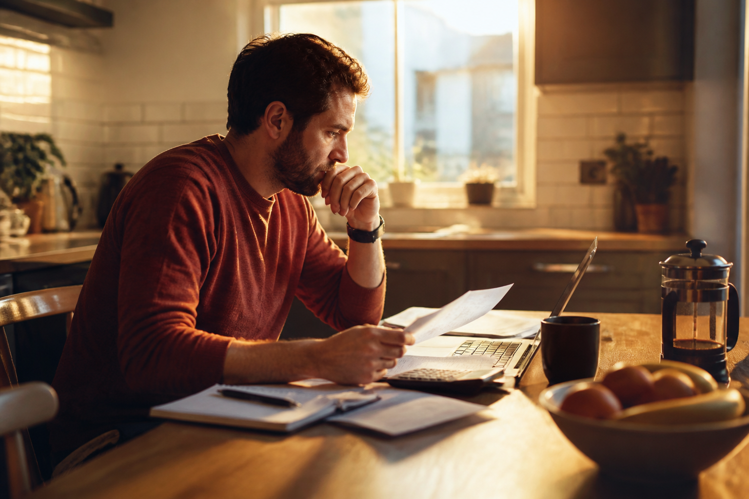 A person examining bills and expenses on a laptop at home.