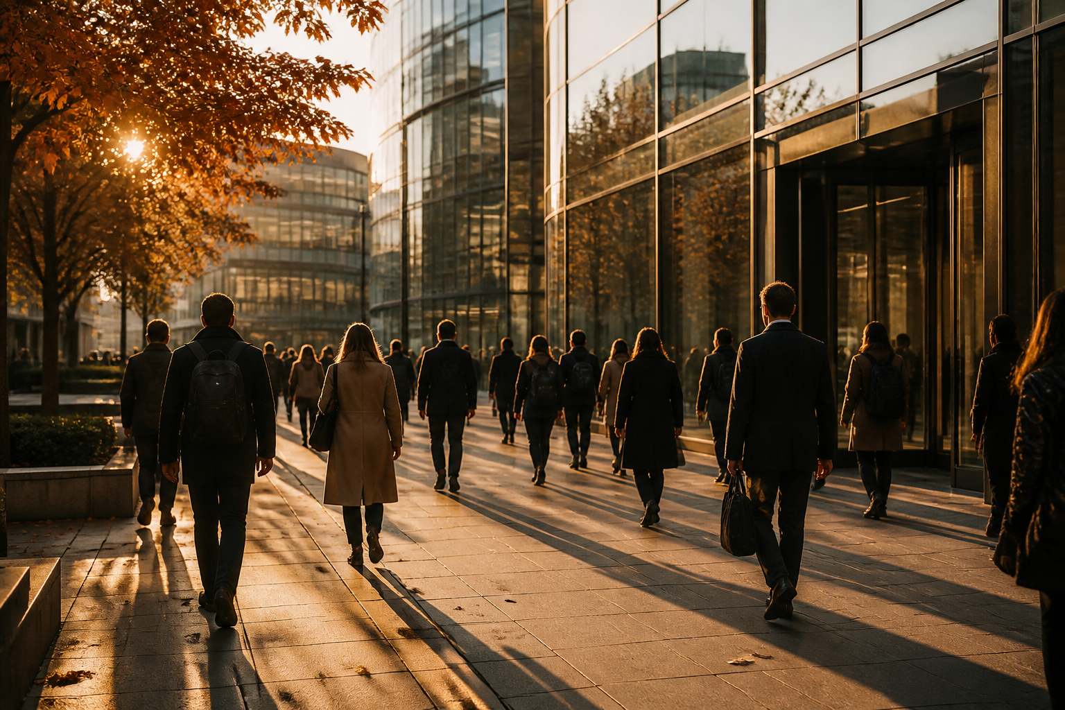 Commuters walking outside a modern commercial office building in London.