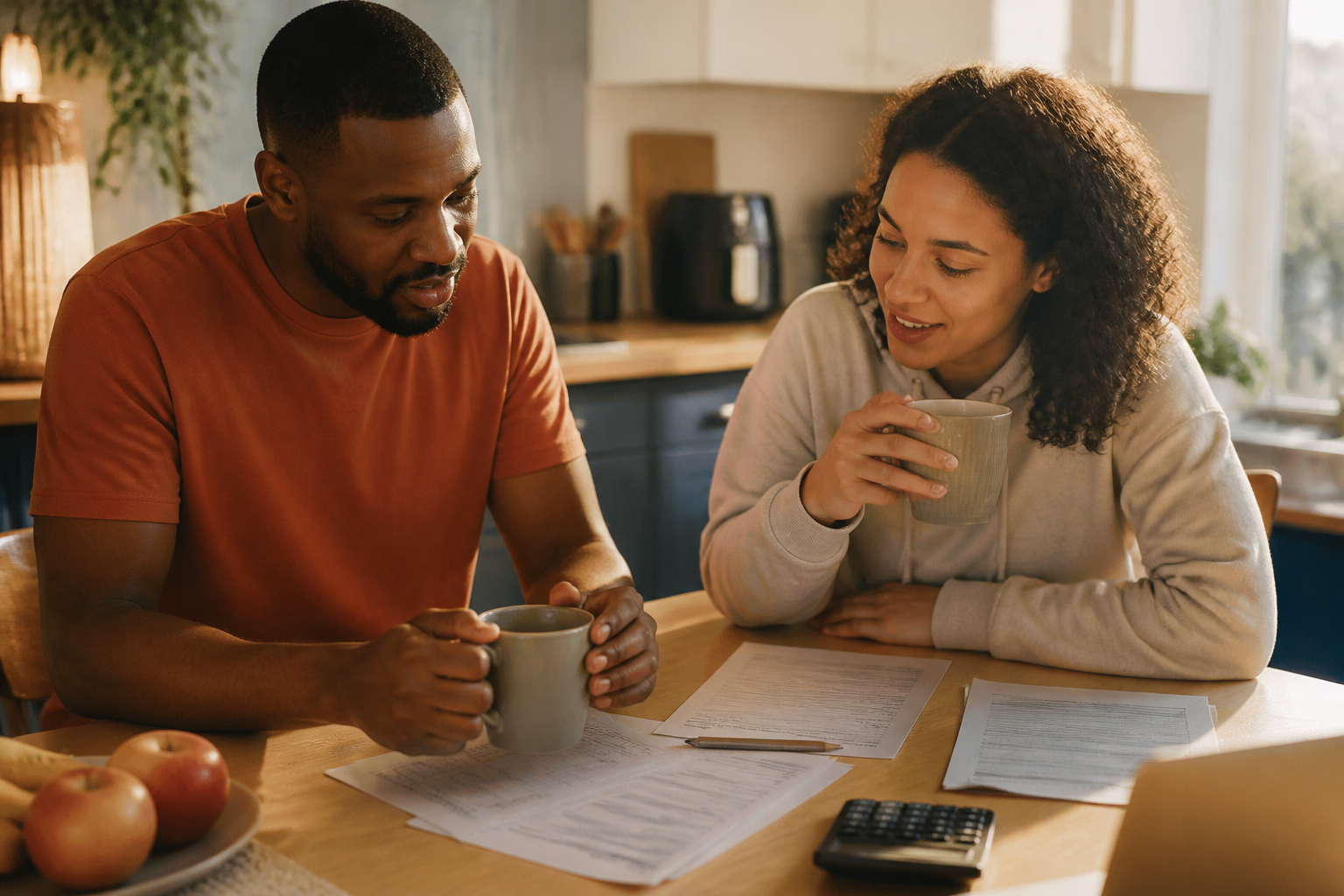 A British couple relaxed at home in a bright kitchen.