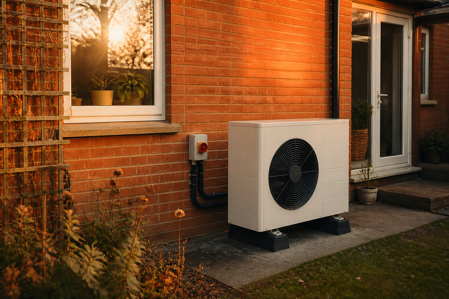 An air source heat pump unit neatly installed on an exterior wall of a modern UK house