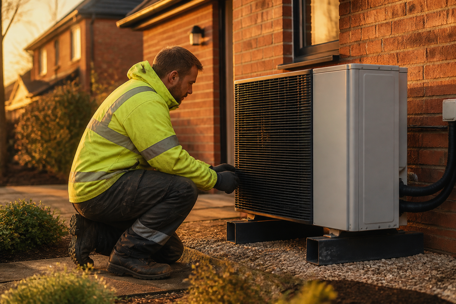 An accredited heating engineer inspecting an air source heat pump outside a British home.