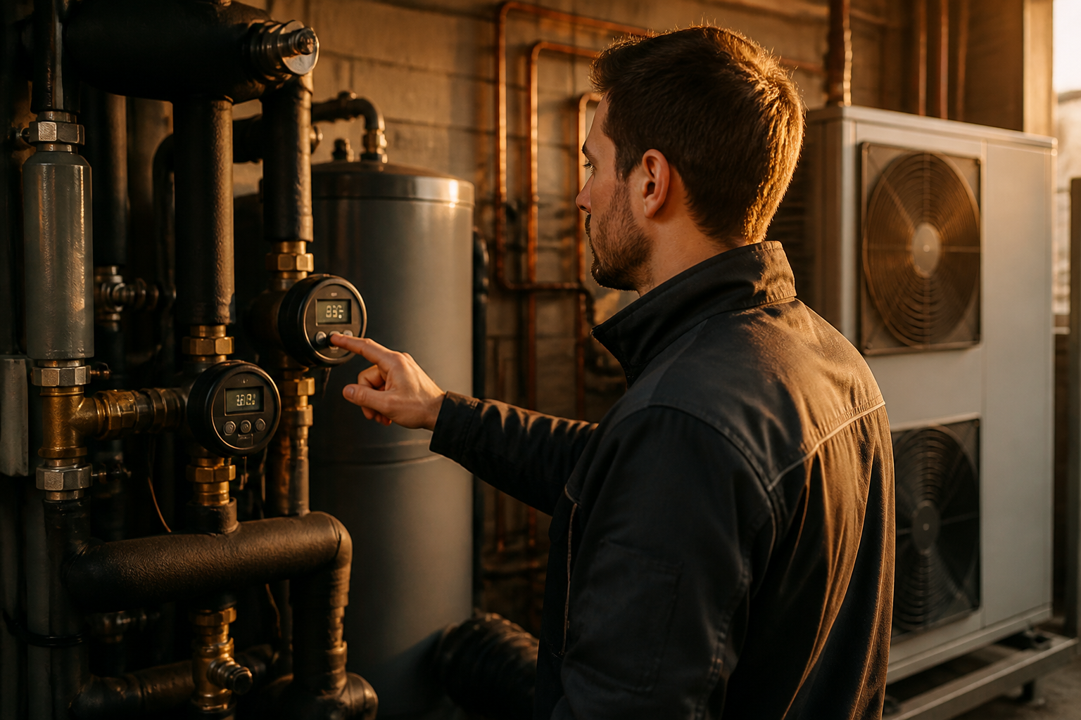 Heating technician checking pressure gauges on a low-carbon heat pump installation