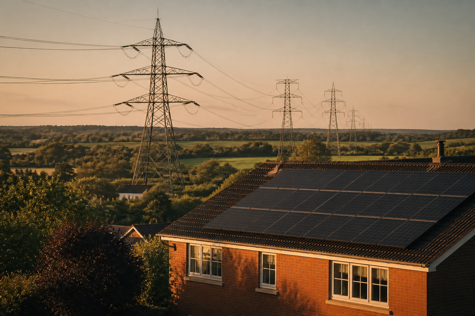 High voltage power pylons in the countryside next to a home with solar panels installed on the roof.
