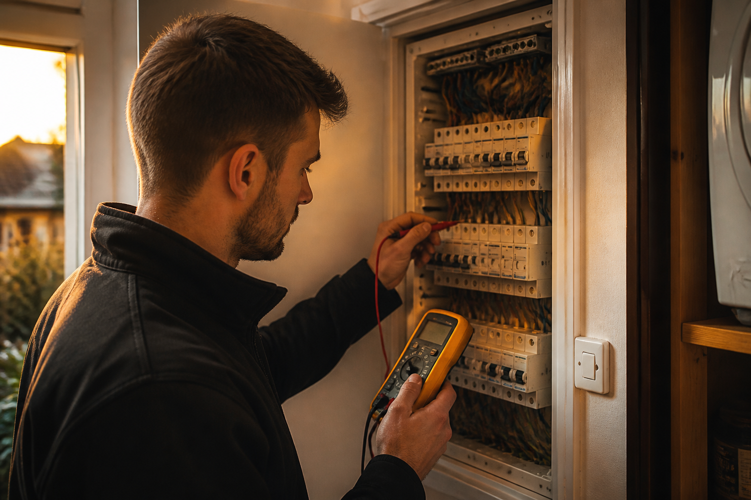 An electrician testing a consumer unit fitted with Type B residual current devices in a UK home.
