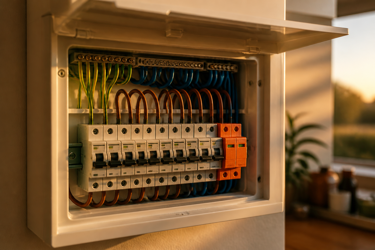 A modern UK electrical consumer unit fitted with surge protection devices and circuit breakers.