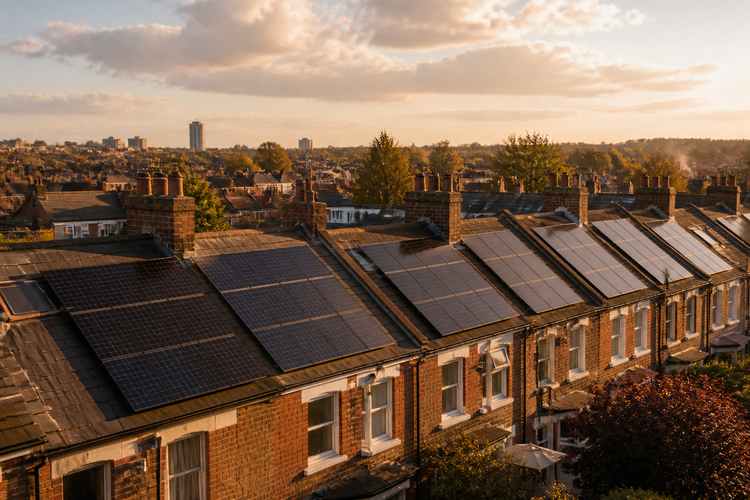 Rooftop solar panel installation on a row of UK terraced houses.