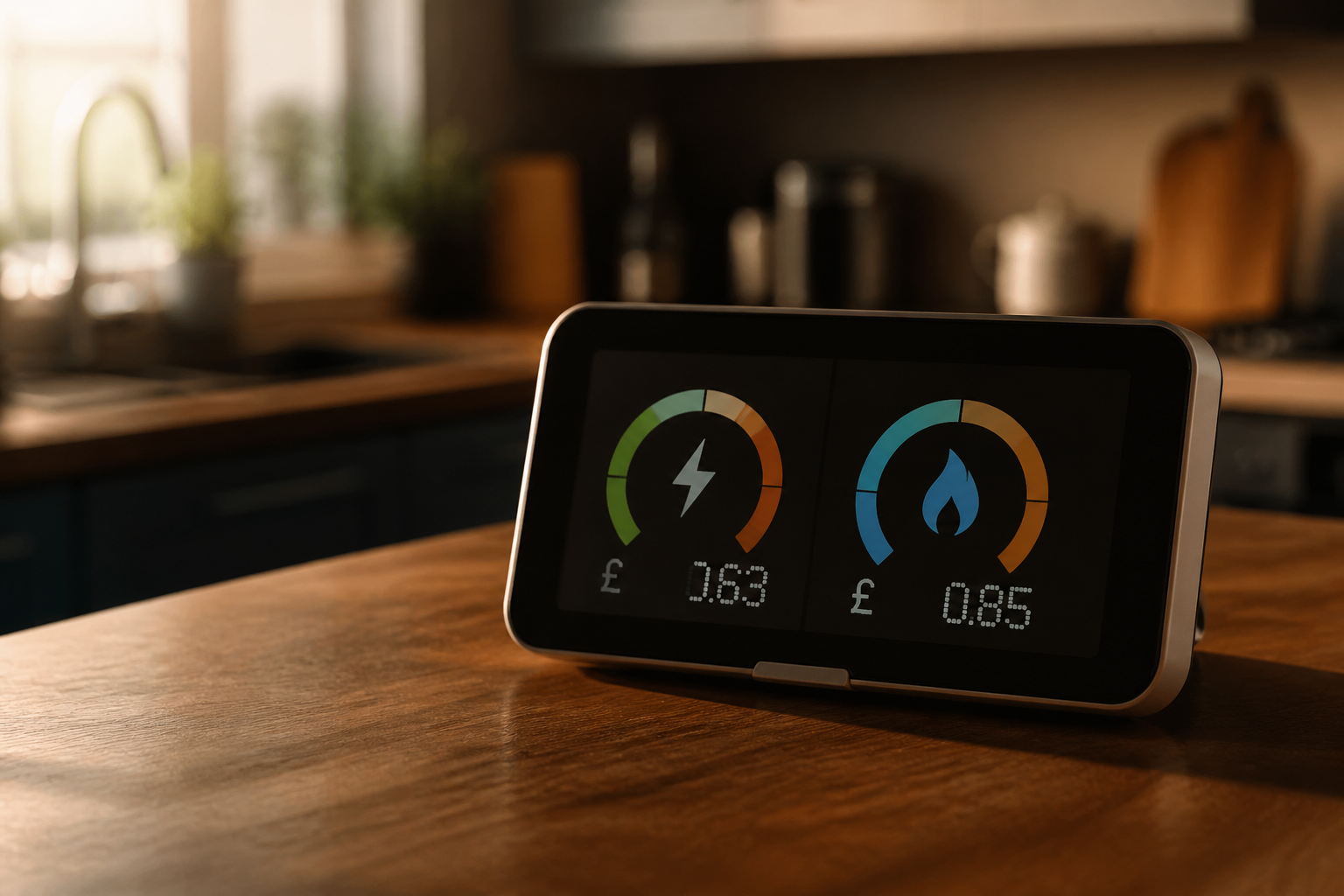 A domestic smart meter monitor in a British kitchen displaying household energy usage details.