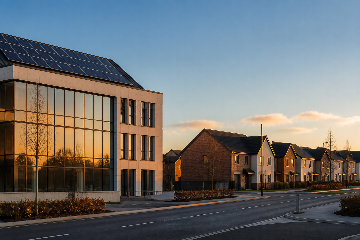 Commercial office building with rooftop solar panels beside suburban houses in the UK.