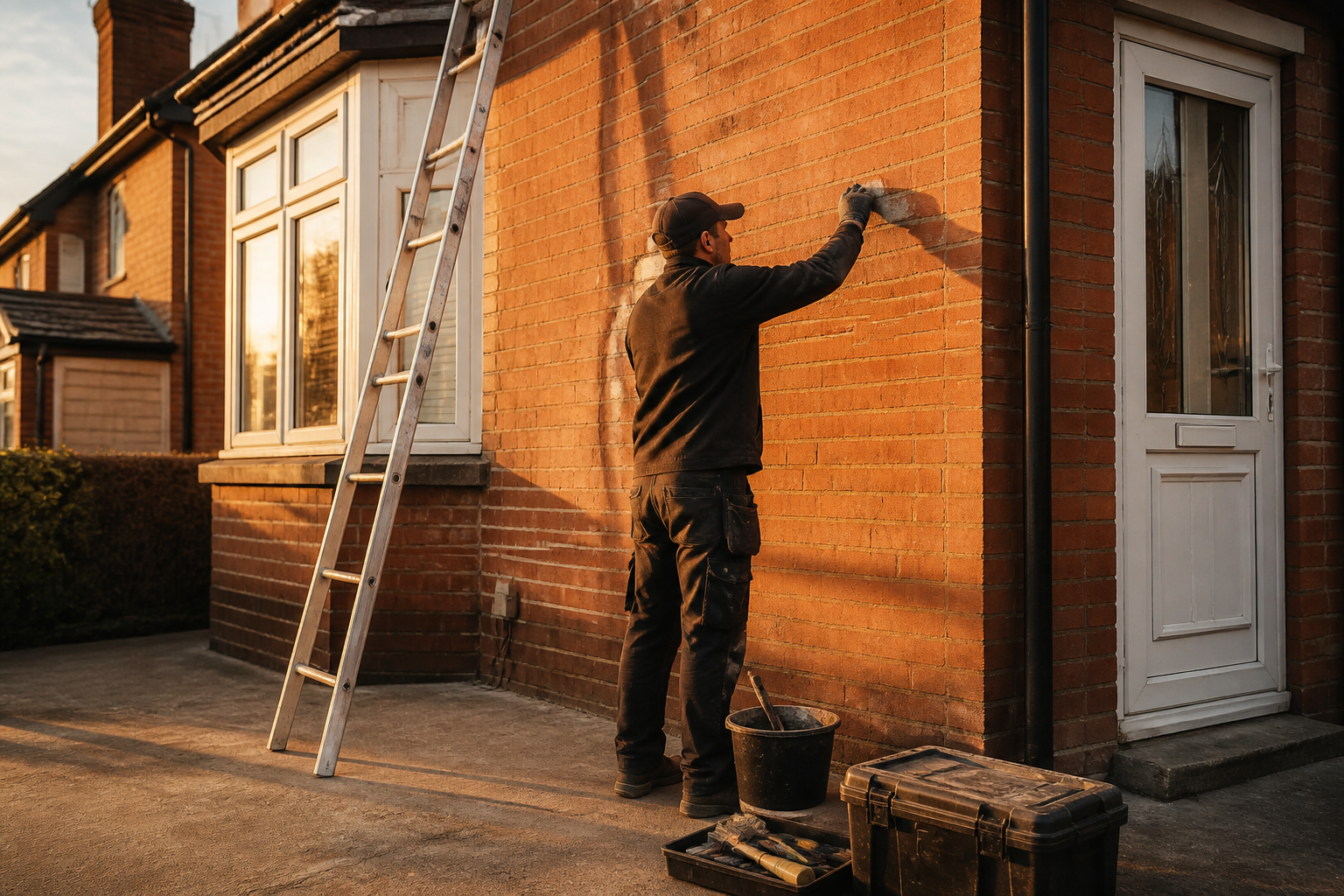 Technician applying mortar to external brickwork after cavity wall insulation on a UK house.