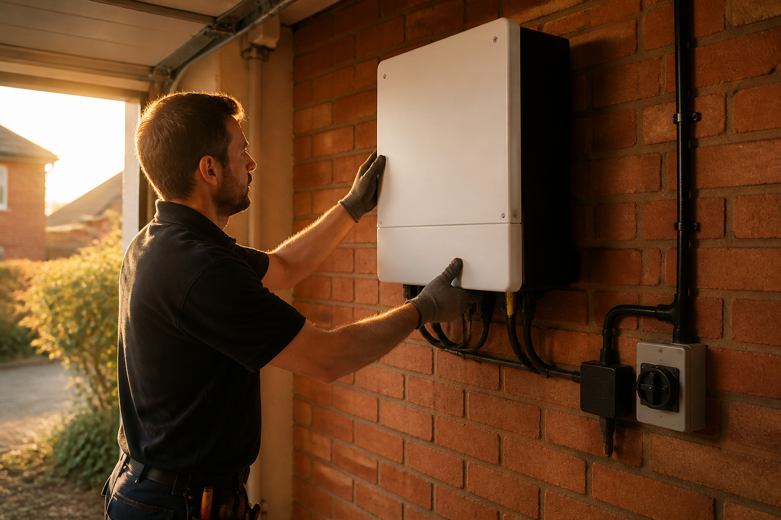 An installer fitting a domestic solar inverter inside a garage