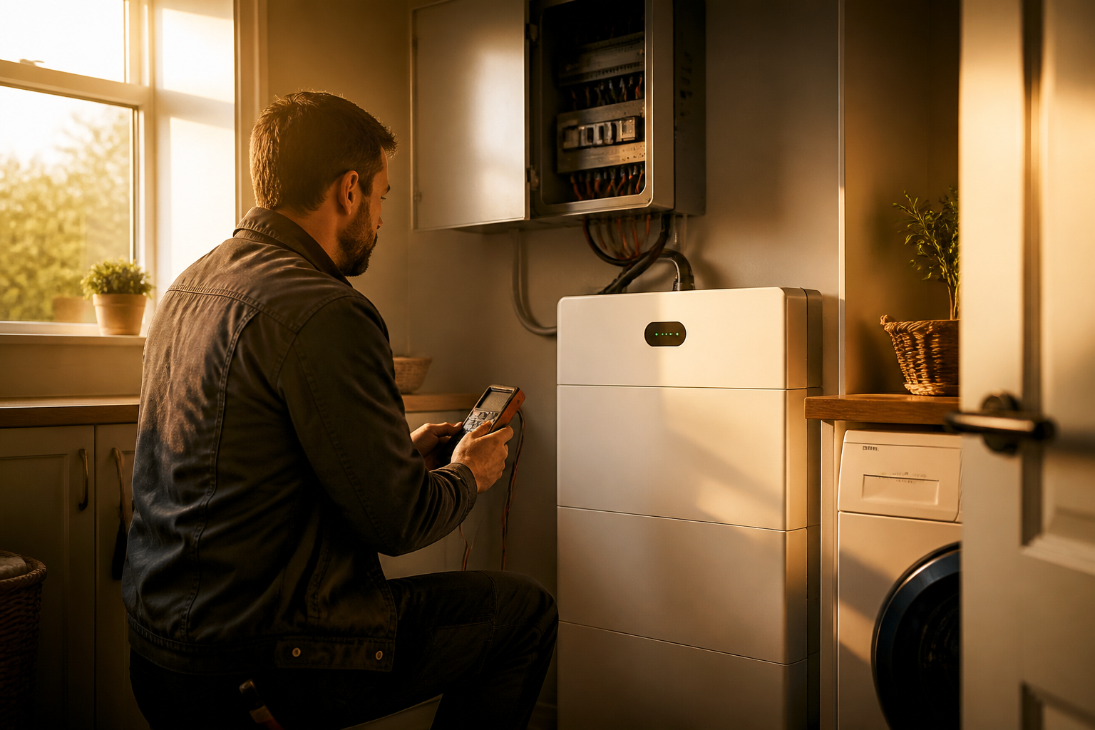 An electrician conducting electrical safety checks on a domestic home battery storage installation.