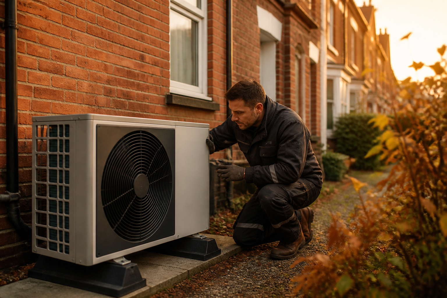 An accredited technician inspecting an outdoor heat pump unit beside a traditional British brick home.
