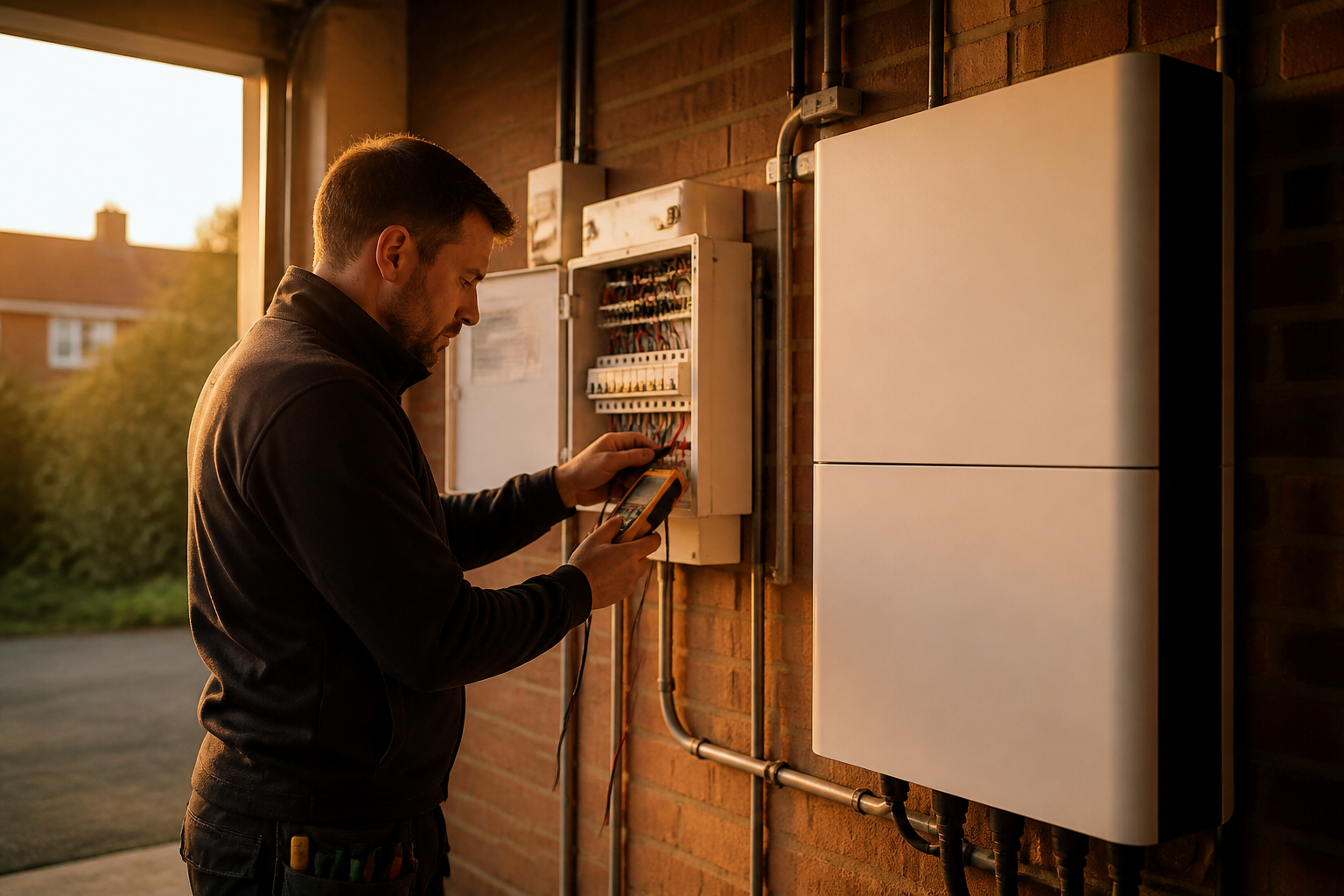 An electrician inspecting a home battery storage system in a UK garage.