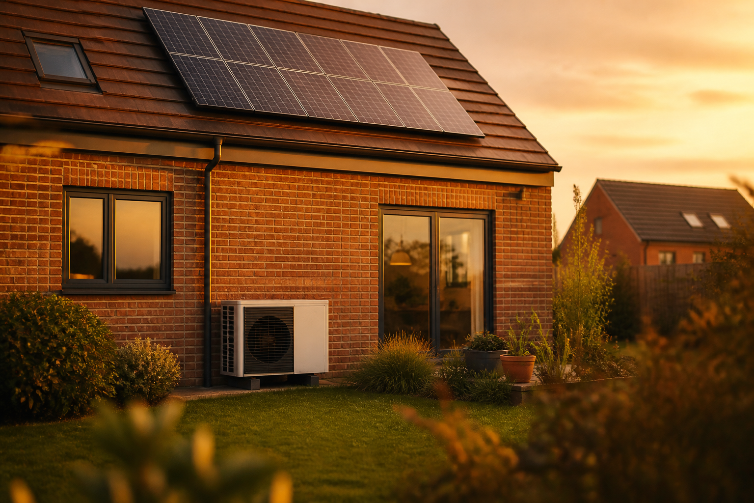 Suburban UK house equipped with solar panels and an outdoor heat pump unit.