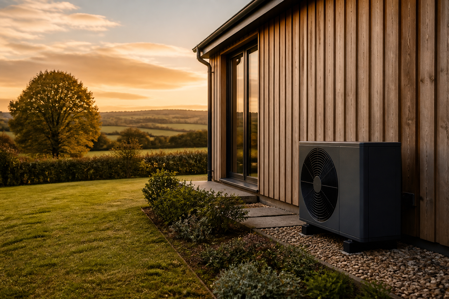An air source heat pump unit installed outside a modern rural UK home.