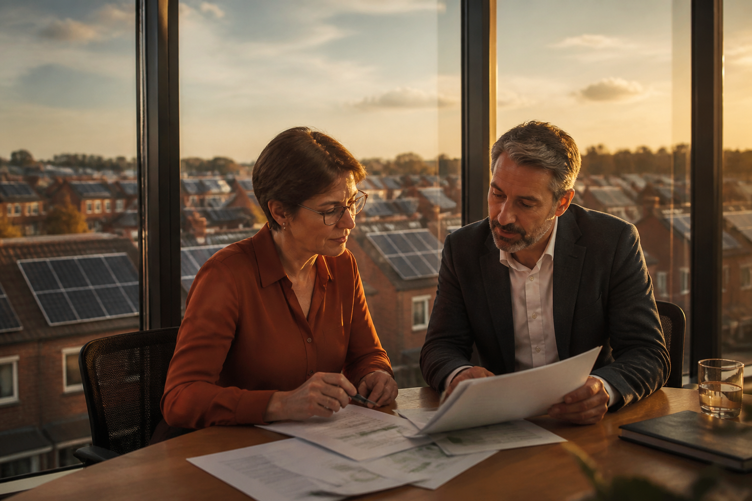 Corporate managers discussing sustainability strategy in a modern UK office overlooking suburban rooftops with solar panels