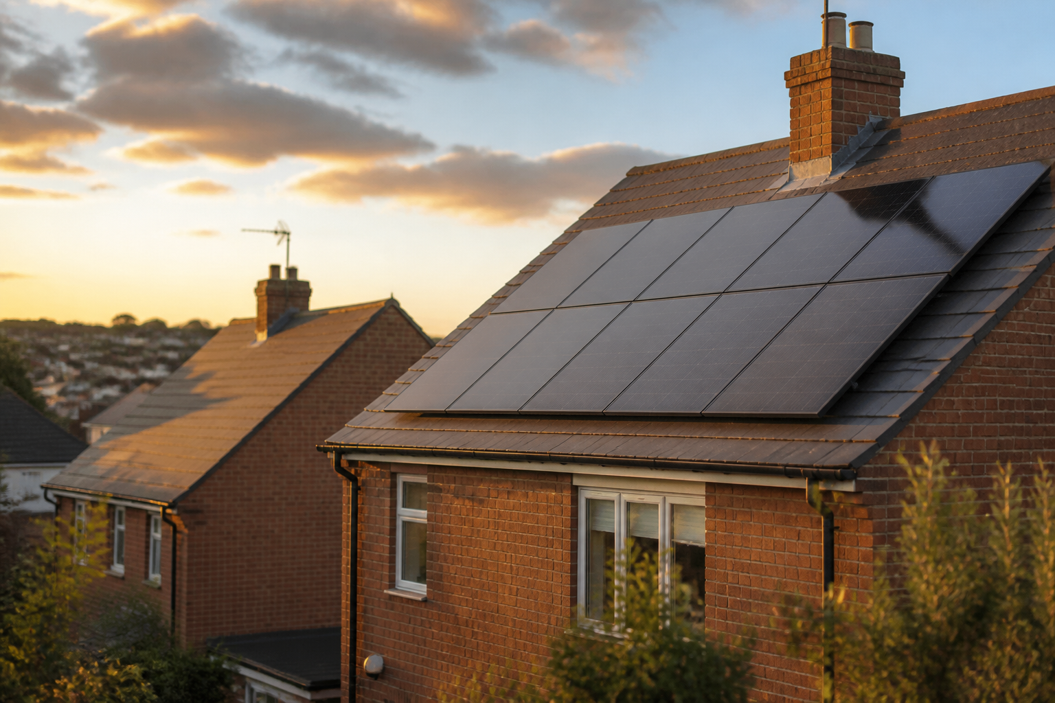 Solar panels installed on a residential UK slate roof under bright daylight