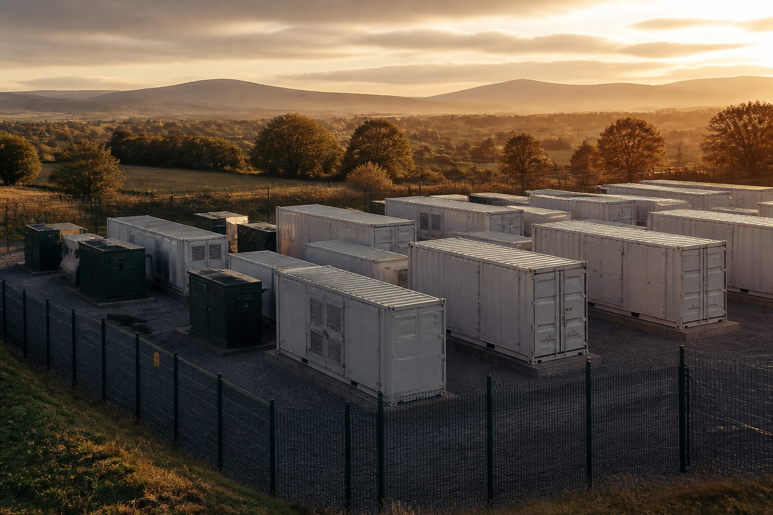 Utility-scale battery energy storage container units situated on a gravel pad outdoors