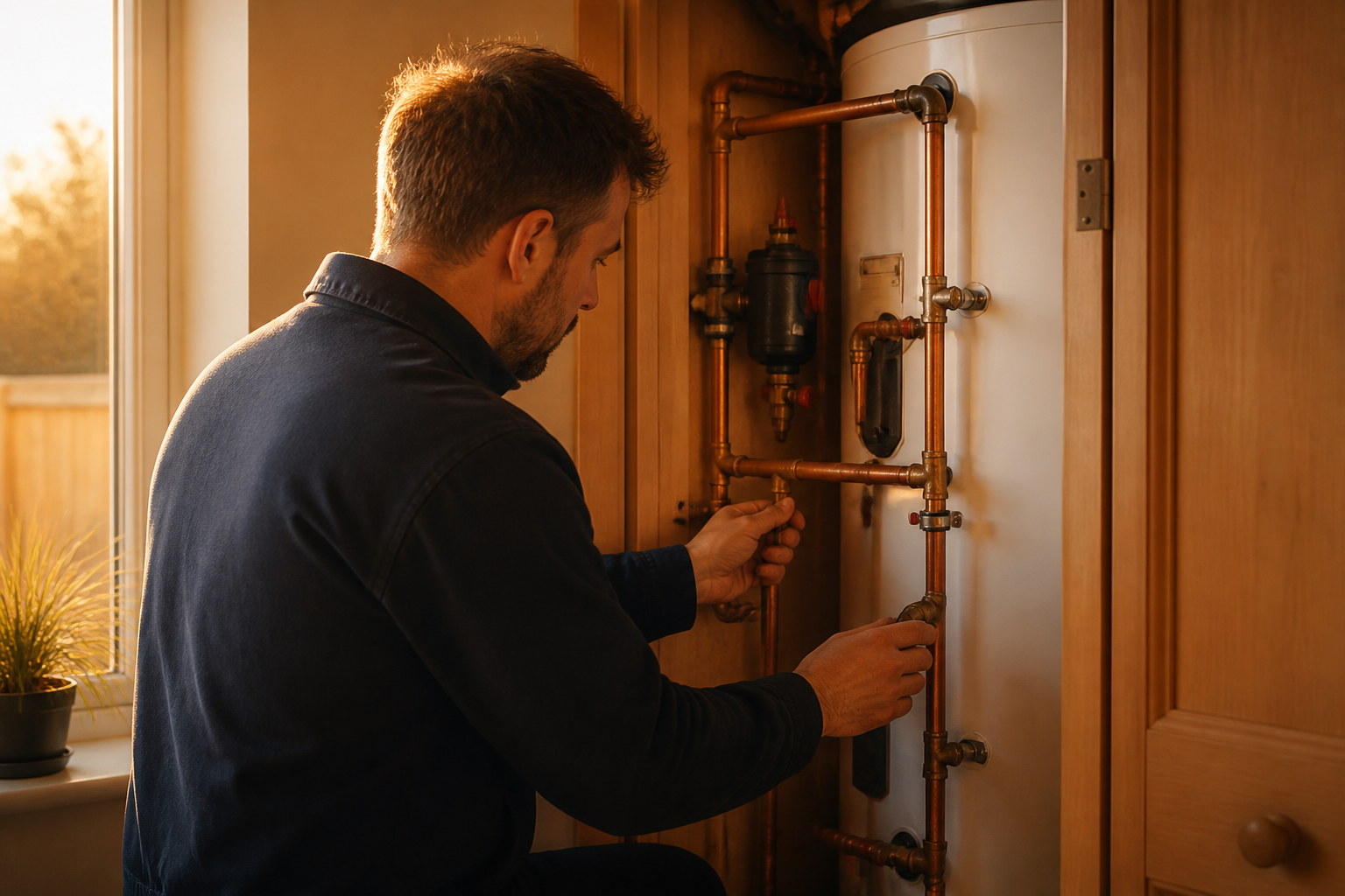 A heating engineer inspecting pipework connected to a domestic hot water cylinder inside a UK house.