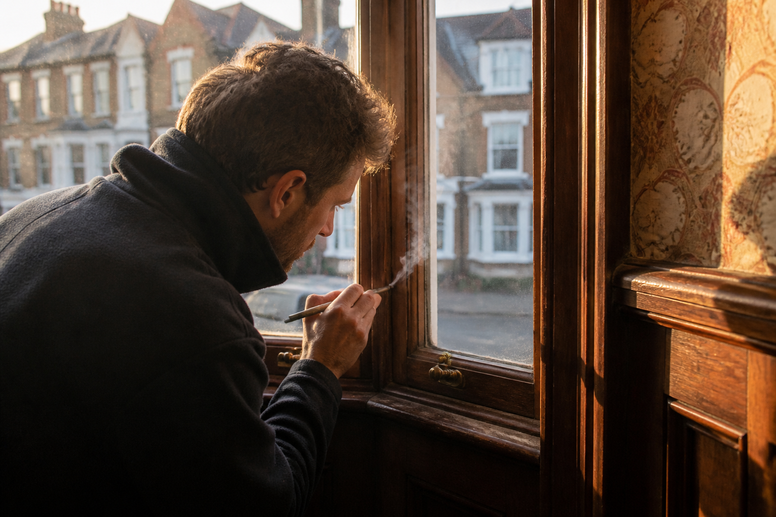 Installer using a smoke pencil to identify air leakage around a UK window frame.