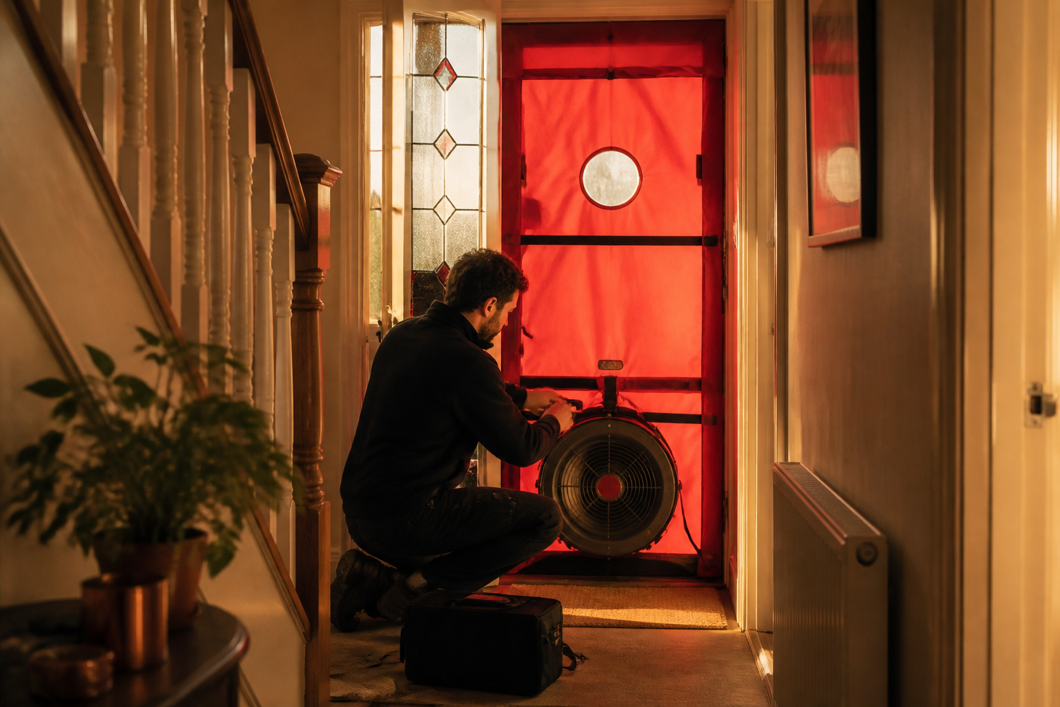 Technician conducting a blower door air tightness test in a UK home hallway with specialized equipment.