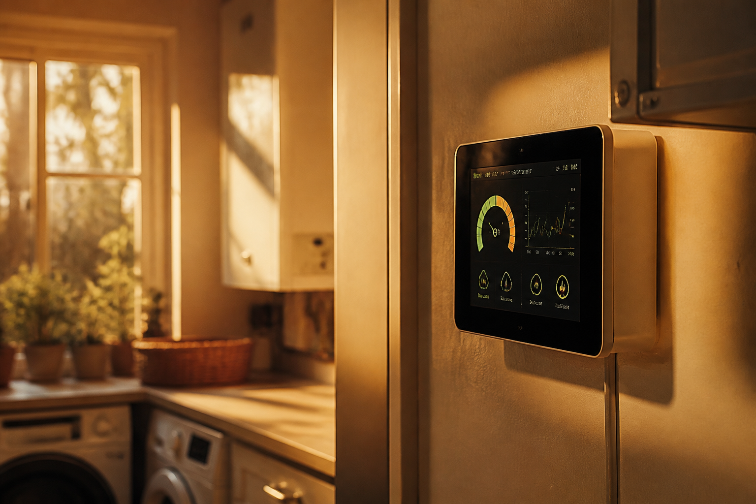Digital energy meter display showing home electricity consumption data.