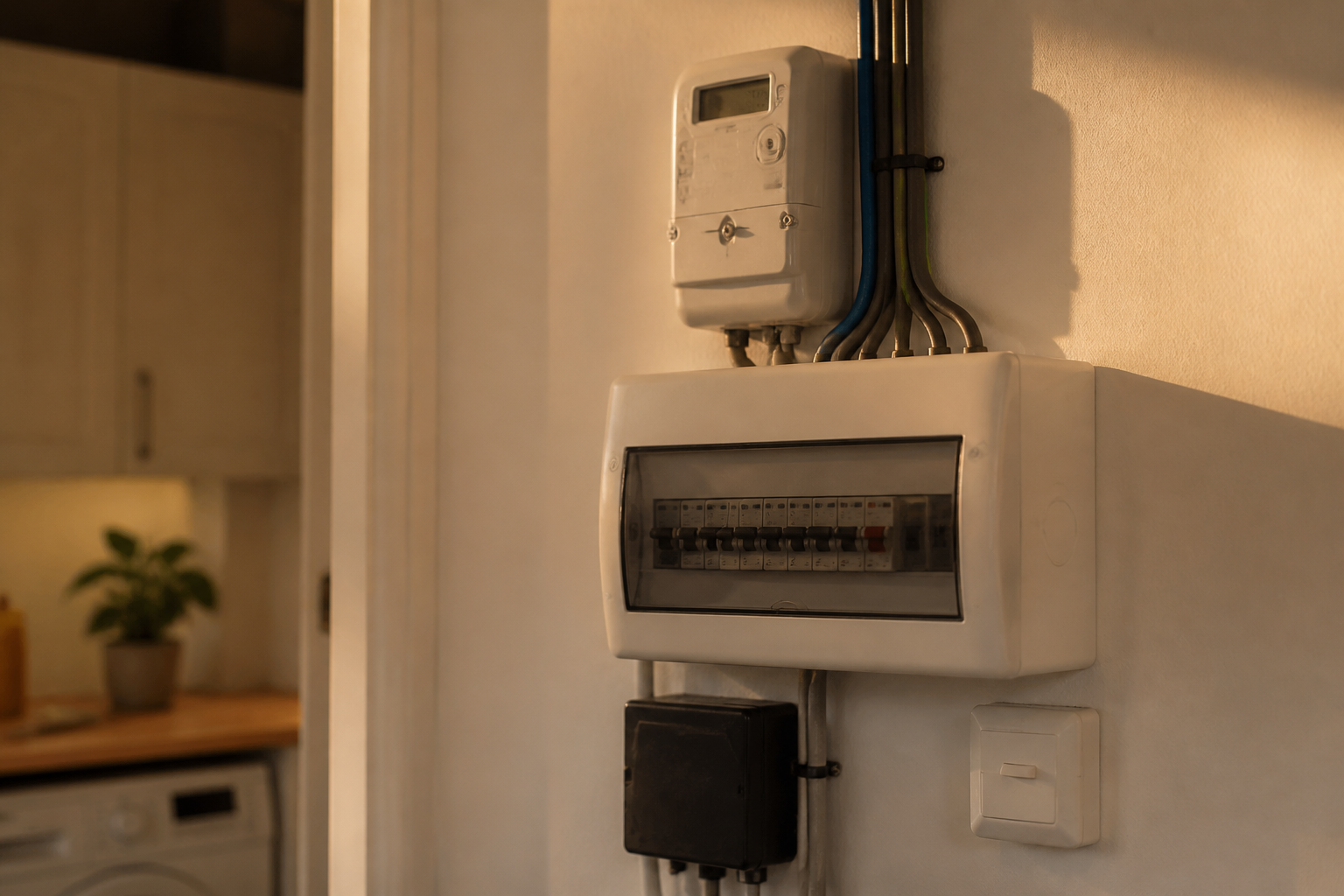 A modern digital electricity meter and consumer unit mounted on a white utility room wall.