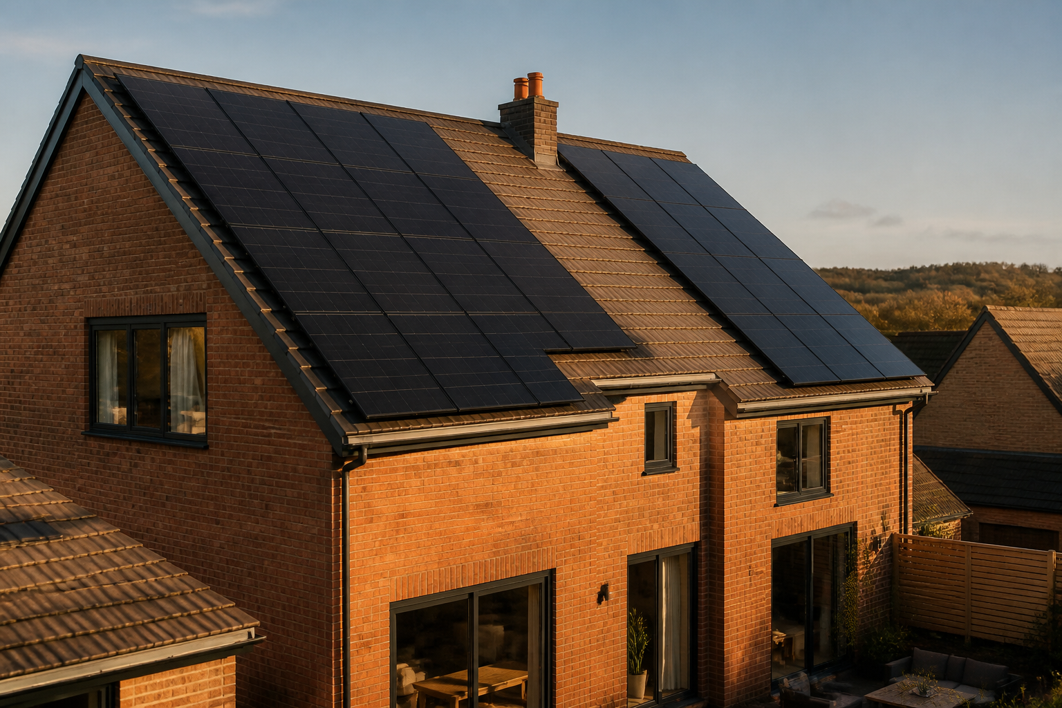 Solar panels installed on the dark tiled roof of a British home under a clear blue sky.