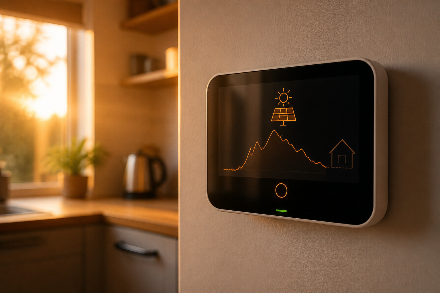Digital home energy monitor showing live solar panel generation and electricity consumption in a house.