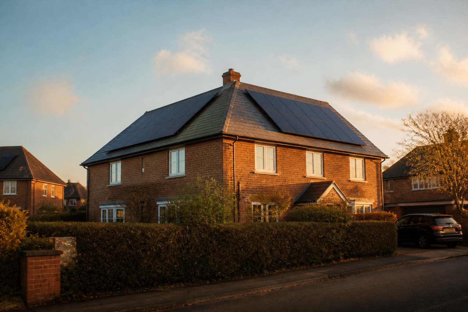 Suburban UK home with solar panels installed on dual pitched roof faces under morning sky.
