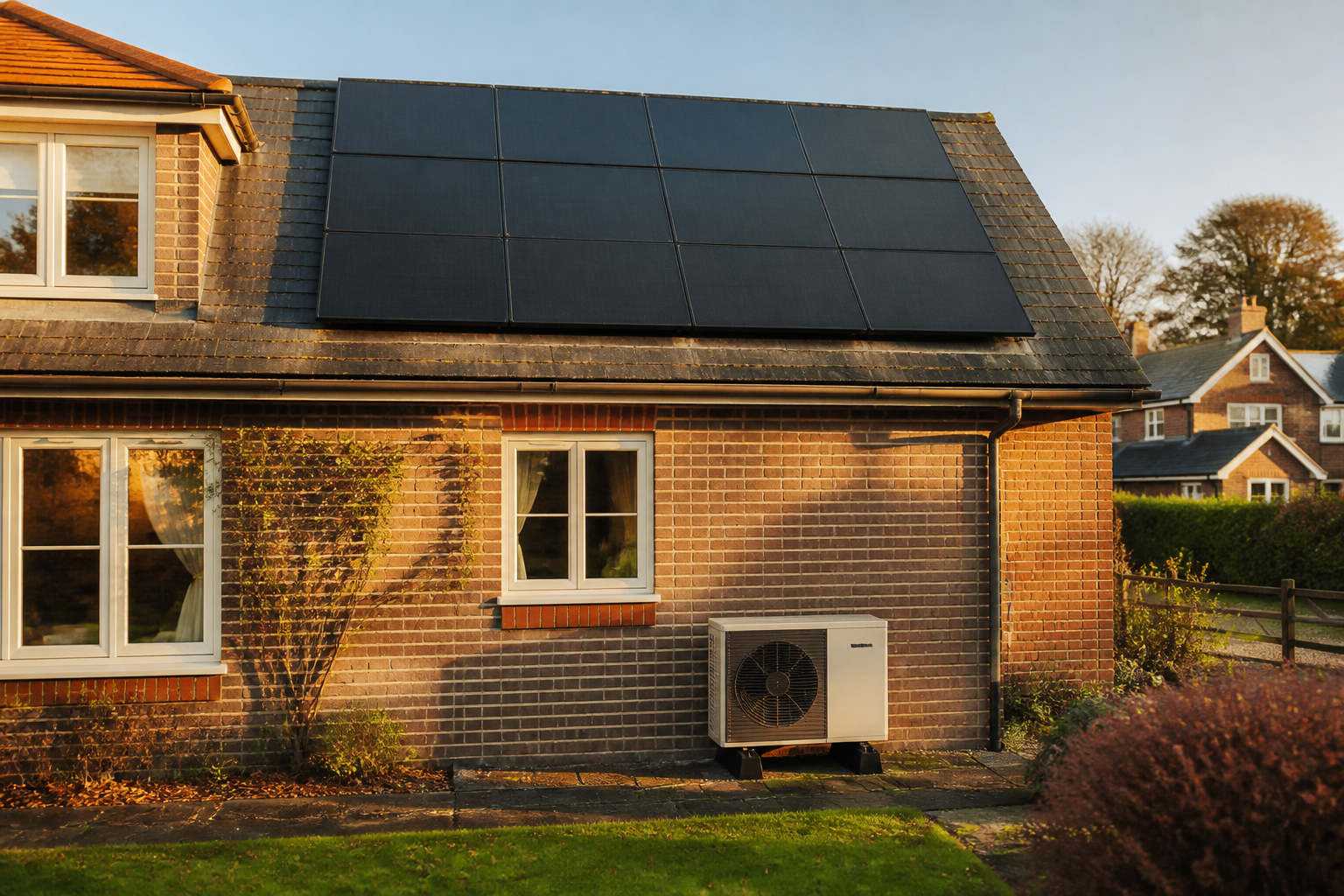 Rooftop solar panels and an outdoor heat pump unit installed on a British house.