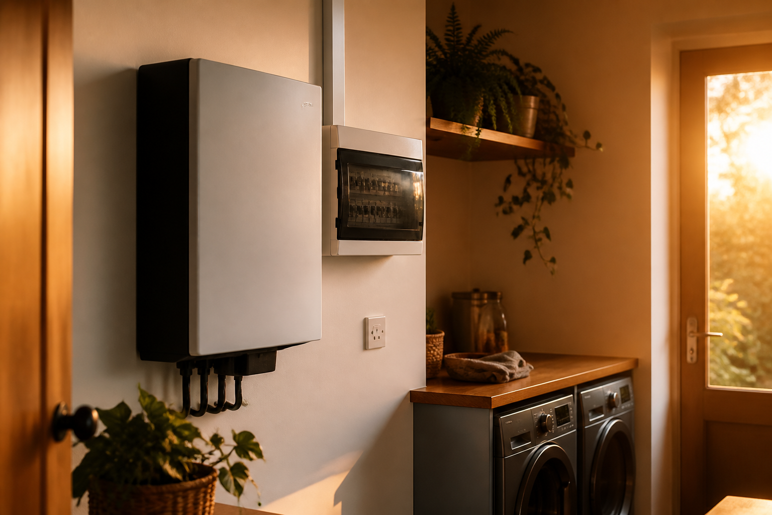 A modern home energy storage inverter and consumer unit neatly installed inside a UK home.