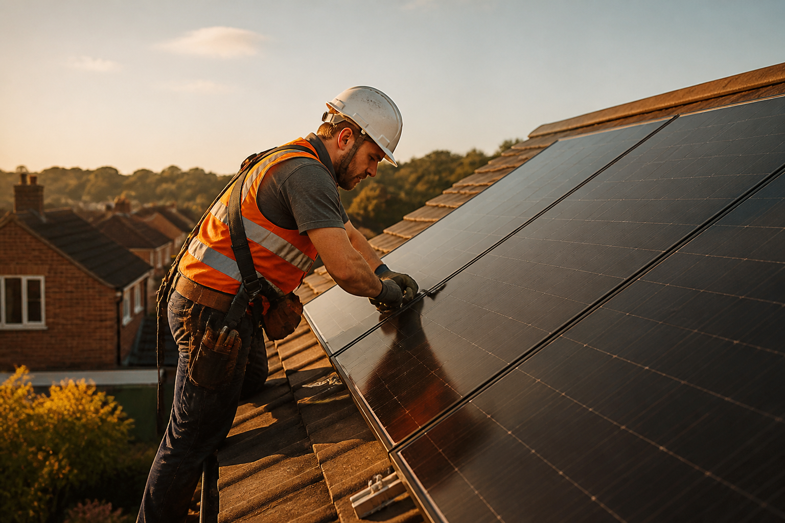 UK solar installer fixing clean energy panels onto a suburban slate roof on a bright day.